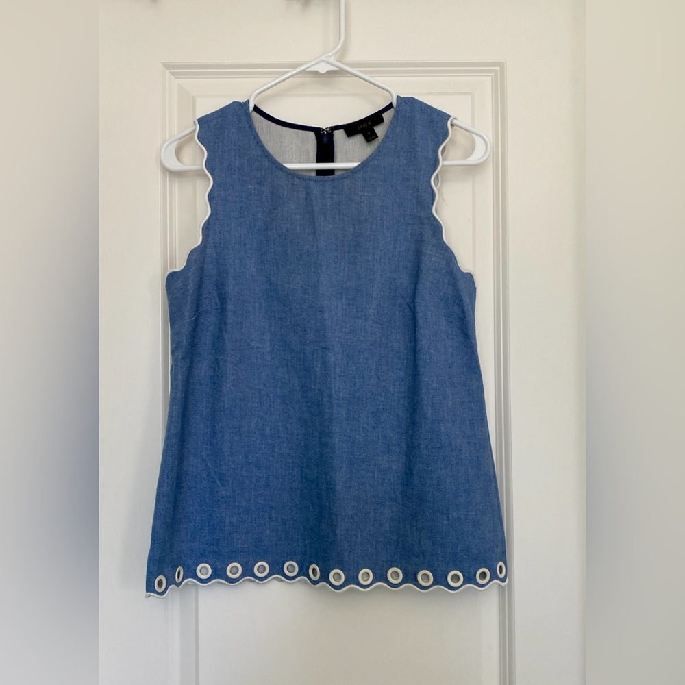 J. Crew Denim Blue Scalloped Sleeveless Top